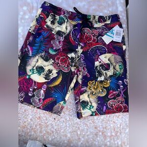 Colorful Skull and Mushroom Print Shorts